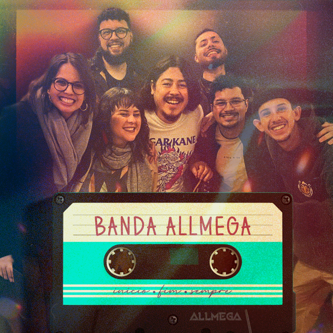 Banda ALLMEGA em arte de divulgação com fita cassete
